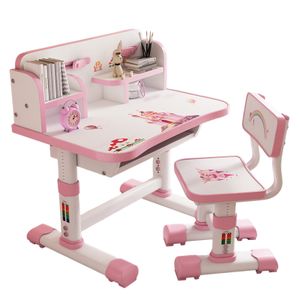 Kinder Schreibtisch- und Stuhl-Set, höhenverstellbar, ergonomisch, Kinder-Schularbeitsplatz mit Aufbewahrungsschublade, Rosa