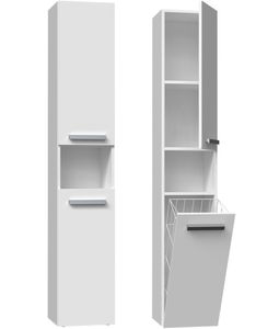 CDF Bad-Hochschrank NEL lll | Farbe: Weiß | Modernes Badregal | Stauraumschrank | Geräumige Einlegeböden | Türen | Einfache Montage | Stilvolle Griffe | Wäschekorb
