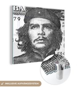 MuchoWow® Glasbilder - Bilder auf Wandbild - Foto auf Glas Schwarz-Weiß-Porträt von Che Guavara auf einer 3-Peso-Note 20x20 cm Wanddekoration aus Glas - Acrylglasbild - Acrylbilder - Bilder von Glas - Moderne