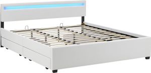 Juskys Polsterbett Lyon 180 x 200 cm weiß – Bettgestell mit Lattenrost, Bettkasten & LED Beleuchtung  – Kunstleder & Holz – Bett Doppelbett