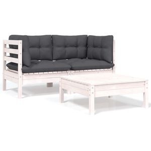 vidaXL 3-tlg. Garten-Lounge-Set mit Kissen in Weiß Kiefer Massivholz