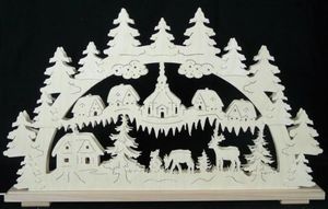 Sviečkový oblúk s lesnými zvieratami a osvetlením kostola Seiffen ŠxVxH 70x42x7cm NOVINKA