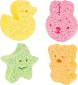 4 Stück Baby-Badeschwämme, niedliche Tierformen, natürliche Badeschwämme für Kleinkinder, sanft zur Haut von Neugeborenen und Kleinkindern (Grün, Orange, Rosa, Gelb)