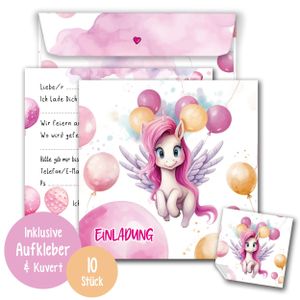 Einladungskarten Einhorn inkl. Sticker | XXL Einhorn Kindergeburtstag 15 x 15 cm Partyeinladungen | 10er Set mit Umschlägen & Stickern | Einladungskarten Kindergeburtstag