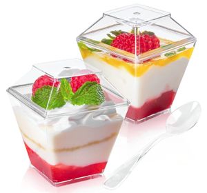 50 Stück Dessertgläser Plastik 2 OZ,  Dessertschalen Eckig mit Deckel und Löffeln, Desert Becher für DIY Pudding Mousse Eis, 60ML