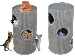 DIP-MAR - Kratztonne - 70cm hoch, Grau | 3 Ebenen, flauschige Bälle zum Spielen |  Katzentonne, Katzen Kratztonne, Kratztonnen für Katzen