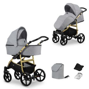 Kinderwagen MATA Sportwagen Babywagen Babyschale Komplettset Kinder Wagen Set 2 in 1 (grau, Rahmenfarbe: Gold)