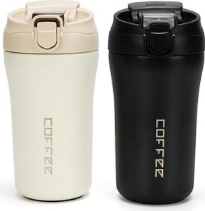 Belle Vous 2er Pack Edelstahl Thermobecher Kaffee To Go - Wiederverwendbare Vakuumisolierte 400 ml Kaffee To Go Becher Thermo mit Strohhalmen und