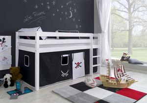 Relita Halbhohes Spielbett ALEX Buche massiv weiß lackiert mit Stoffset Vorhang , schwarz/weiß