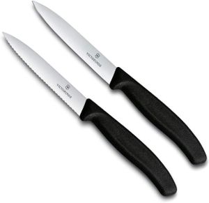 Dvoudílná sada Victorinox Swiss Classic. Sada nožů na okrajování, 1 x běžné ostří, 1 x vroubkované ostří, 10 cm čepel, střední ostří, černá barva
