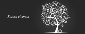 Wallario Poster - Kitchen Utensils - Baum aus Küchenutensilien in schwarz weiß, Kunstdruck Größe: 50 x 125 cm