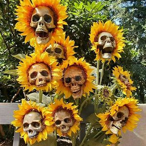 2 Stk Gartenpfähle 5kopf Sonnenblume mit Totenkopf Ornamente Skelett Außendeko Rasen Deko 50cm Halloween Gartendekoration