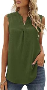 ASKSA Damen Ärmellose Bluse Elegant Spitzen Chiffon Tops Hemd V-Ausschnitt Sommer Casual Shirts, Armeegrün, XL