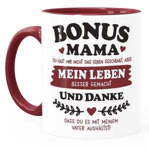 Kaffee-Tasse Geschenk Bonus-Mama | Bonus Papa Stiefmutter | Stiefvater zum Muttertag | Vatertag Spruch Moonworks® Mama bordeauxrot Keramik-Tasse