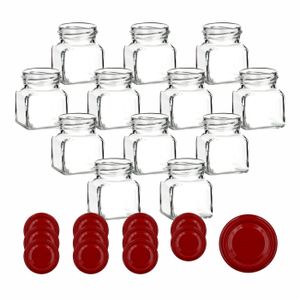 gouveo 12er Set Einmachgläser 120 ml eckig Schraubverschluss rot - Kleines Vorratsglas mit Deckel für Marmelade, Gewürze