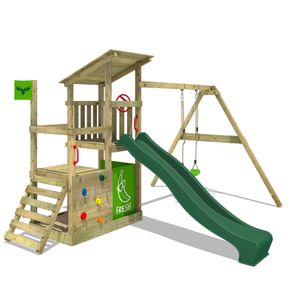 FATMOOSE hrací věž FruityForest s houpačkou a skluzavkou, lezecká věž s pískovištěm, žebříkem a hracími doplňky - zelená barva