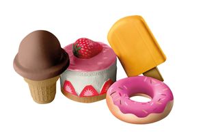 roba Squishies 4er-Set „Sweets“, Eis am Stiel, Kuchen, Donut, Hörnchen-Eis, Antistress Spielzeug, Kaufladen- und Küchenzubehör