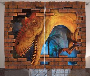 ABAKUHAUS Dinosaurier Rustikaler Vorhang, Dino Breaks Ziegelmauer, Wohnzimmer Universalband Gardinen mit Schlaufen und Haken, 280 x 225 cm, Orange Aqua