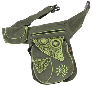 Stoff Sidebag & Gürteltasche, Goa Hüfttasche, Bauchtasche mit Stickerei Sonne - Olivgrün, Uni - Erwachsene, Baumwolle, 25*20*10 cm, Festival- Bauchtasche Hippie