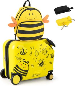 COSTWAY 2ks dětský kufr + batoh, dětský vozík na kolečkách s voděodolnou pevnou skořepinou, dětské zavazadlo, kufr na kolečkách s batohem pro batolata pro chlapce a dívky (žlutý, 12"+18")