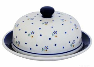 Original Bunzlauer Keramik Käseglocke Größe: M Ø19,5 cm mit Teller Butterdose für Rollbutter im Design 111
