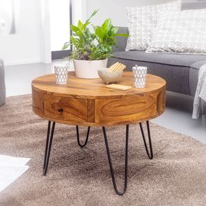FineBuy stolek FineBuy Sheesham masivní dřevo / kov 60x44,5x60 cm stůl obývací pokoj | Designový boční stolek se zásuvkami | Malý obývací pokoj kulatý