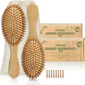 com-four® 2x Natur-Haarbürste aus Bambus - Bürste mit Naturborsten für natürlich schöne Haare - Für Männer, Frauen, Kinder - 100% Vegan