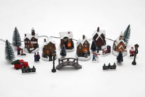 LED Weihnachtsdorf - 25- teilig - Beleuchtetes Winter Dorf - Tischdeko Fensterdeko Batterie betrieben