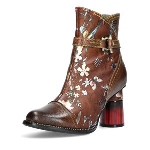 Laura Vita Damen Stiefelette floral Blumen Muster Nieten Blockabsatz Gucstoo 23, Größe:39 EU, Farbe:Braun