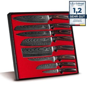 Asiatisches Edelstahl Messerset - 8-teiliges Küchenmesser Set - Kochmesser mit ergonomischen Pakkaholzgriff inkl. Geschenkbox - rostfrei & scharf - Designed in Germany
