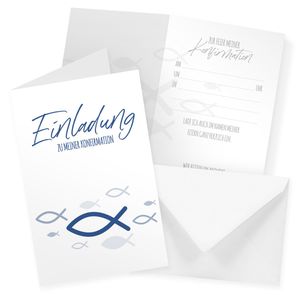 itenga 6x Klappkarten Fisch blau Einladung zur Konfirmation inkl. Umschlägen
