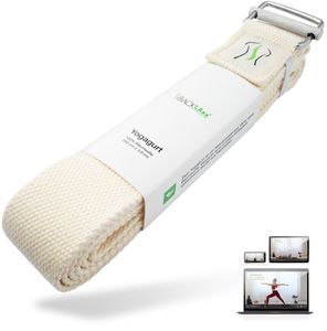BACKLAxx® Yoga Gurt Baumwolle inkl. Anwendungsvideos - Nachhaltiges Yoga Band 250 cm lang mit praktischem Verschluss aus Metall - Ideal zum Yoga, Pilates und Dehnen