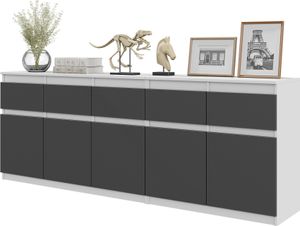 NOAH - Komoda s 5 zásuvkami a 5 dvierkami - Komoda do spálne - biela matná / antracitová V75cm Š200cm H35cm