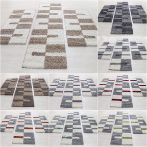 Shaggy Designer Läufer Bettumrandung Hochflor Teppich Karo Linien Muster 3er Set, Farbe:Taupe, BettSet:2 x 60x110 cm + 1 x 80x150 cm