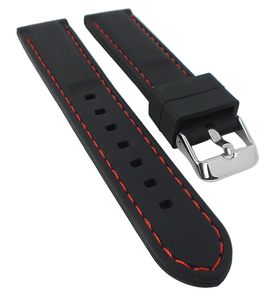 Uhrenarmband Silikon schwarz mit roter Naht, glatt 25534S, Stegbreite:22mm