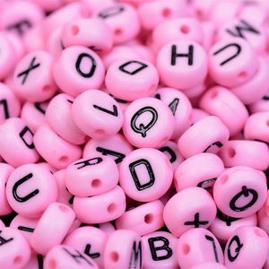 Buchstaben Perlen, 500 Stück, 4x7 mm, rosa mit schwarz, rund, Buchstaben Mix
