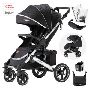 Daliya® Rapidy Buggy / Kinderwagen 0-36 Monate / Sportwagen mit Liegeposition / Wickeltasche, Winterfußsack, Ess- & Spieltisch und mehr Schwarz mit Muster – Silber