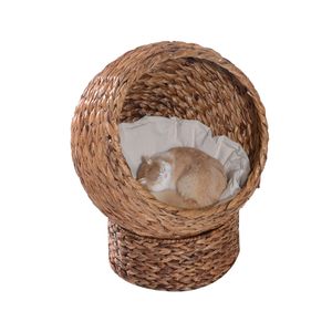 PawHut Rattan Katzenkorb Katzenhöhle Katzenhütte Katzenbett mit Kissen Haustierbett Wasserhyazinthe Hellbraun 42 x 33 x 52 cm