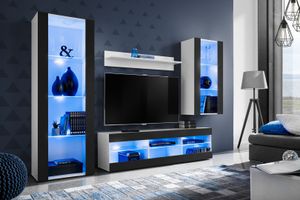 Komodee | Wohnwand mit TV-Schrank und Vitrine Tivoli Set Medio, Korpus Weiß Matt Frontfarbe Schwarz Matt, LED Blau