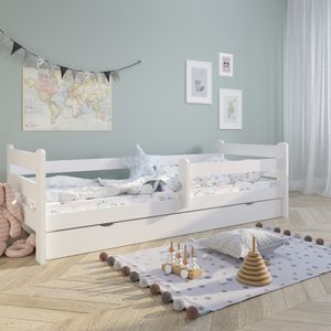 Kinderbett Voll-Holz 200x90 mit Rausfallschutz, Lattenrost & Schublade in weiß Kiefer 90 x 200 Mädchen Jungen Bett Skandi, ohne Matratze