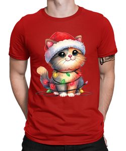 Süße Katze Lichterkette - Weihnachten Nikolaus Weihnachtsgeschenk Herren T-Shirt, Rot, M