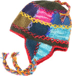 Wollmütze mit Ohrenklappen, Unikat Patchwork Norwegermütze, Wintermütze - Multi, Uni, Mehrfarbig, Wolle, Mützen