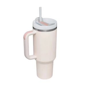 Dvojstenný nerezový vákuový izolačný pohár s rukoväťou, 40oz prenosný cestovný pohár so slamkou a vrchnákom, svetloružový
