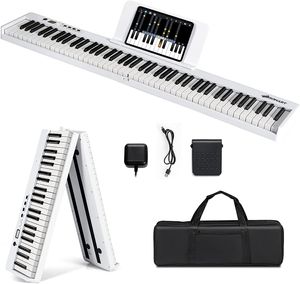 88 Tastatur Keyboard mit Notenständer, Pedal, LCD-Display & LED-Licht Lehrfunktion, Klappbar & Tragbar E-Piano für Kinder und Anfänger (Weiß)