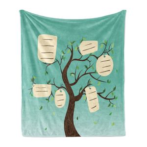 ABAKUHAUS Familie Weich Flanell Fleece Decke, Familienkonzept Baum mit hängenden Namensschildern auf einem türkisfarbenen Hintergrund, 175 x 230 cm, Türkis Brown