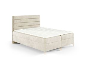 GUTTO Boxspringbett DAKOTA 140 x 200cm 2x Bettkasten TOPPER 5cm Gratis Beige Velour hohe goldene Beine