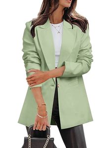 Damen Blazer ein einzelner Button Business Jackets Büro Einfarbige Cardigan Jacke Plain Revers Outwear Blasses Grün, Größe:L