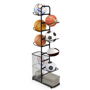COSTWAY 7-stupňový stojan na lopty, kovový držiak na basketbalové lopty s odnímateľnými závesnými tyčami a úložným košom