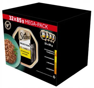 Sheba Selection Drobiowe Smaki - mokra karma dla dorosłych kotów w sosie z kurczakiem, drobiem i indykiem, tacka 32x85g