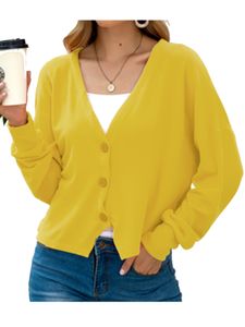 Damen Frauen Cable Knit Cardigan Button Langarm Grandad Plus Größen,Farbe: Gelb,Größe:L